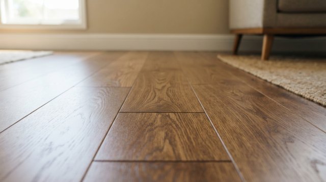 Two photos showing worn wood flooring and a close-up of its existing finish