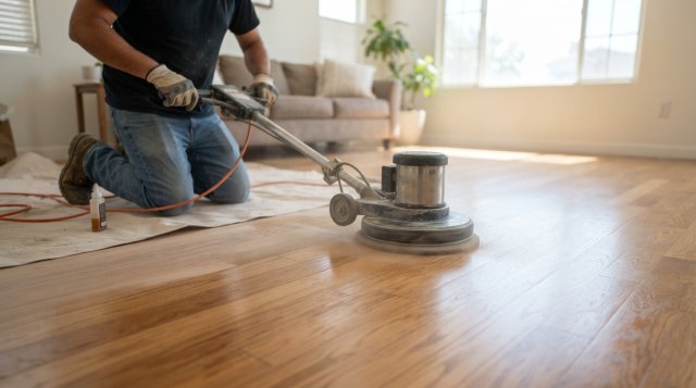 Two photos showing worn wood flooring and a close-up of its existing finish