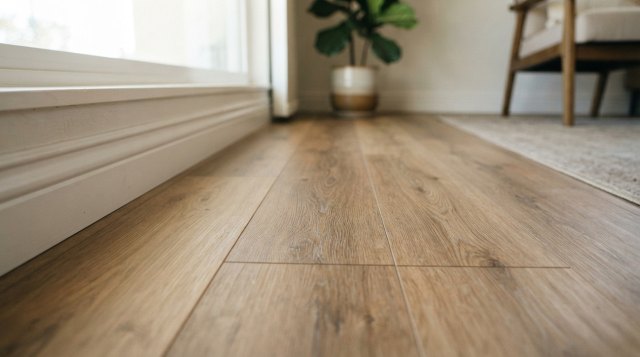 Close-up and room-view photos of damaged vinyl flooring for an estimate request