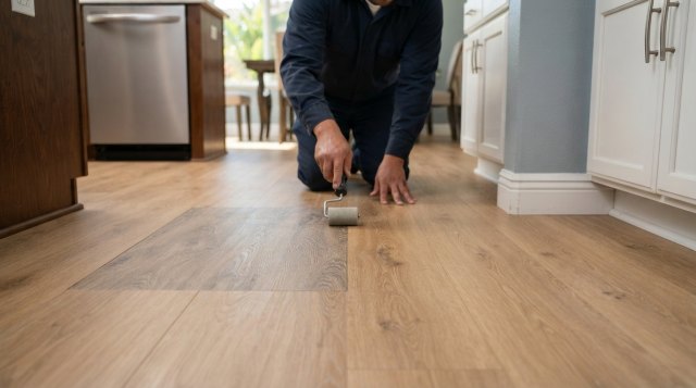 Close-up and room-view photos of damaged sheet flooring for an estimate request