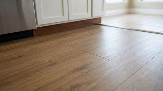 Close-up and room-view photos of damaged sheet flooring for an estimate request