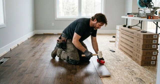 Two photos showing an existing floor and a room prepared for hardwood installation