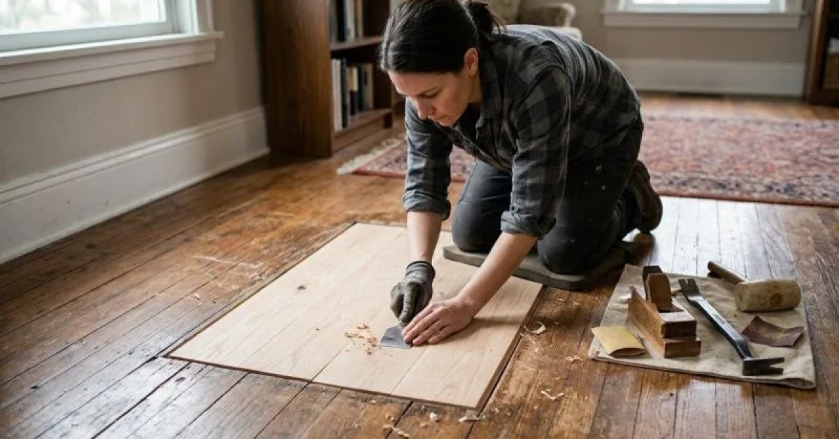 Damaged hardwood flooring with boards marked for repair