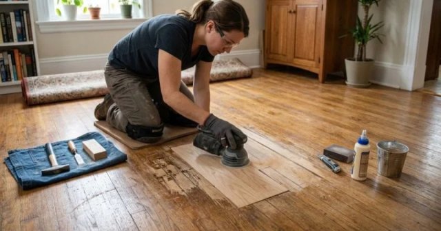 Two photos showing a close-up hardwood floor defect and the surrounding room