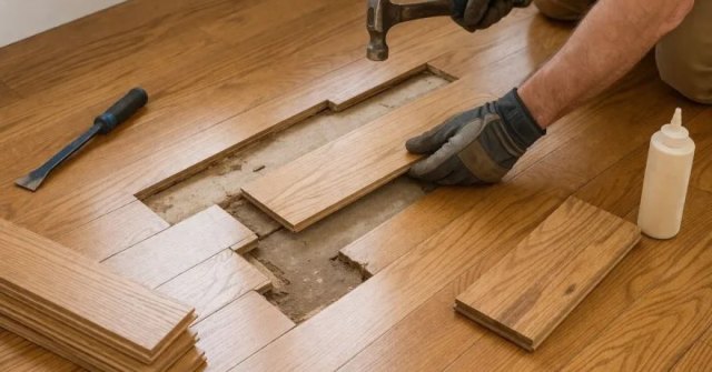 Two photos showing a close-up hardwood floor defect and the surrounding room