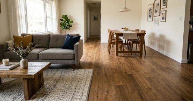 Two photos showing a room and existing floor details for a laminate installation estimate