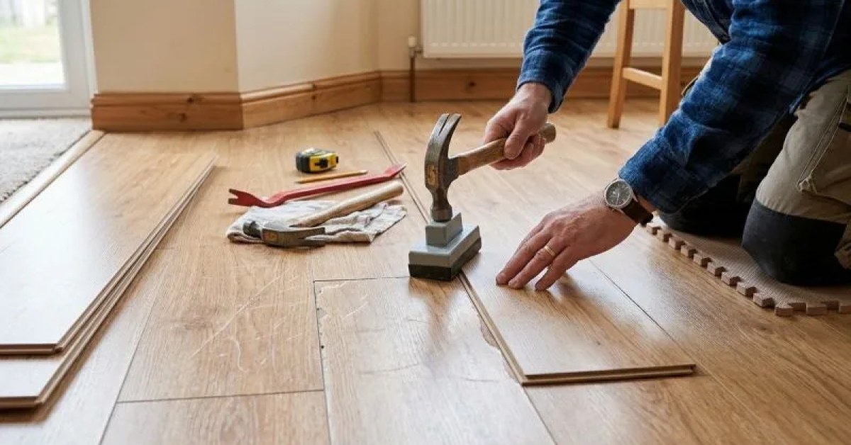 Damaged laminate flooring in a residential room