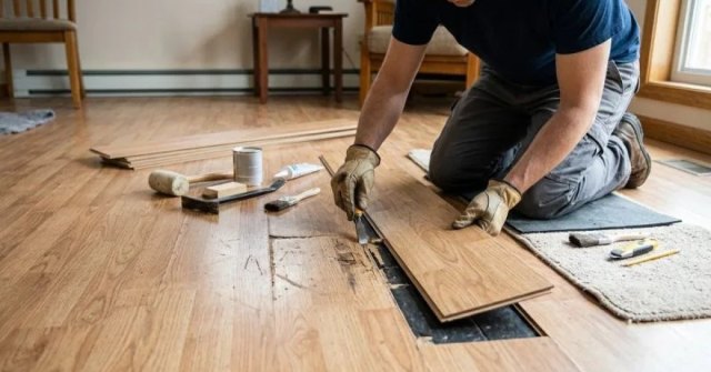 Two photos showing close-up laminate floor damage and the surrounding room