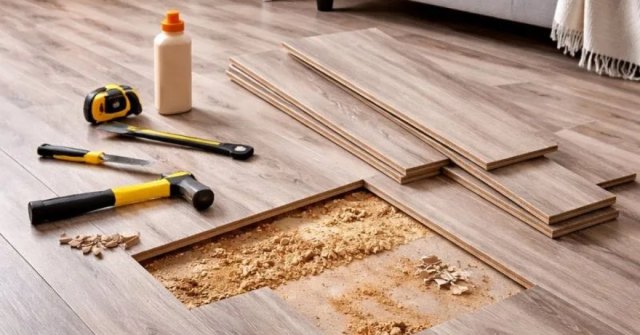 Two photos showing close-up laminate floor damage and the surrounding room