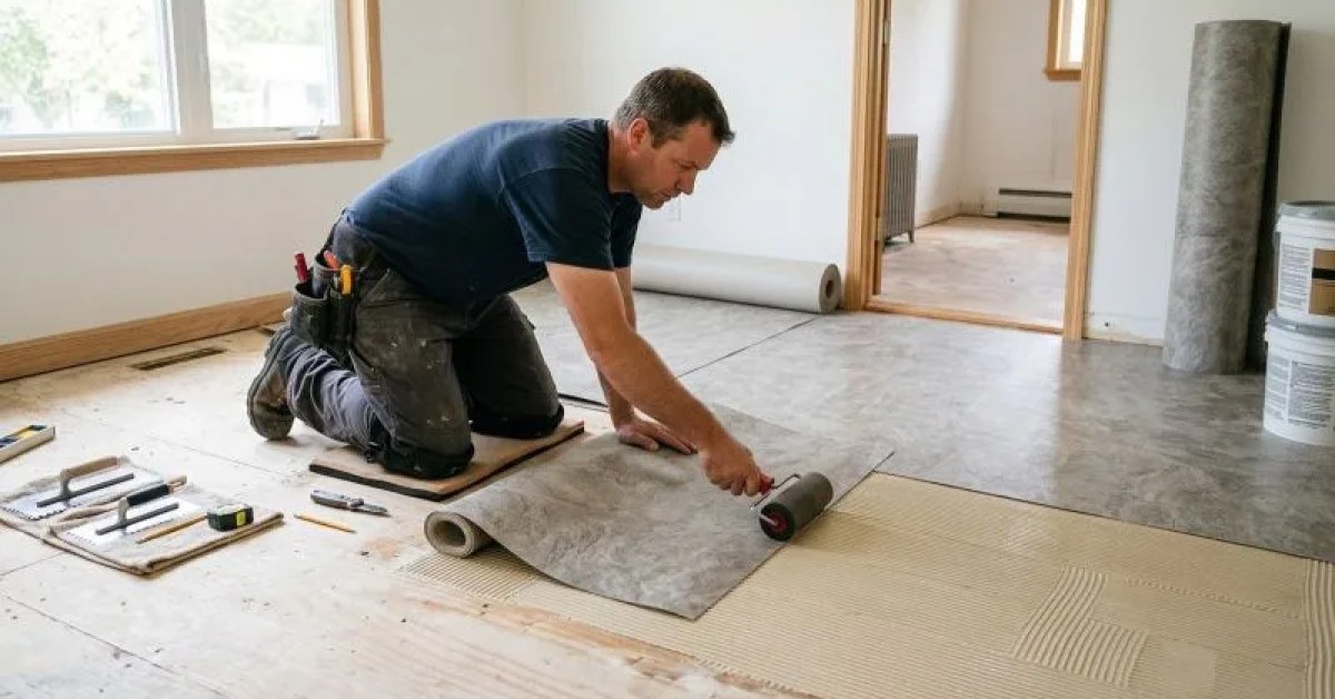 Sheet flooring being measured for installation in a residential room