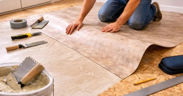 Room and existing-floor photos prepared for a sheet flooring installation estimate