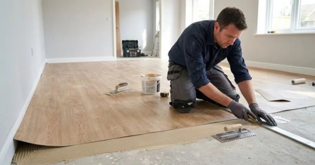 Room and existing-floor photos prepared for a sheet flooring installation estimate
