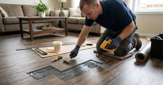 Close-up and room-view photos of damaged vinyl flooring for an estimate request